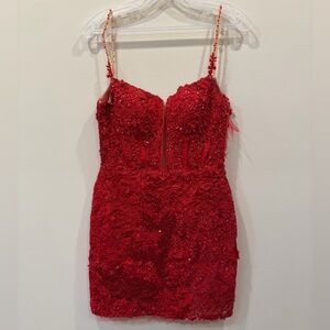 Sherri Hill Red Lace and Beaded Mini Dress…Size 2